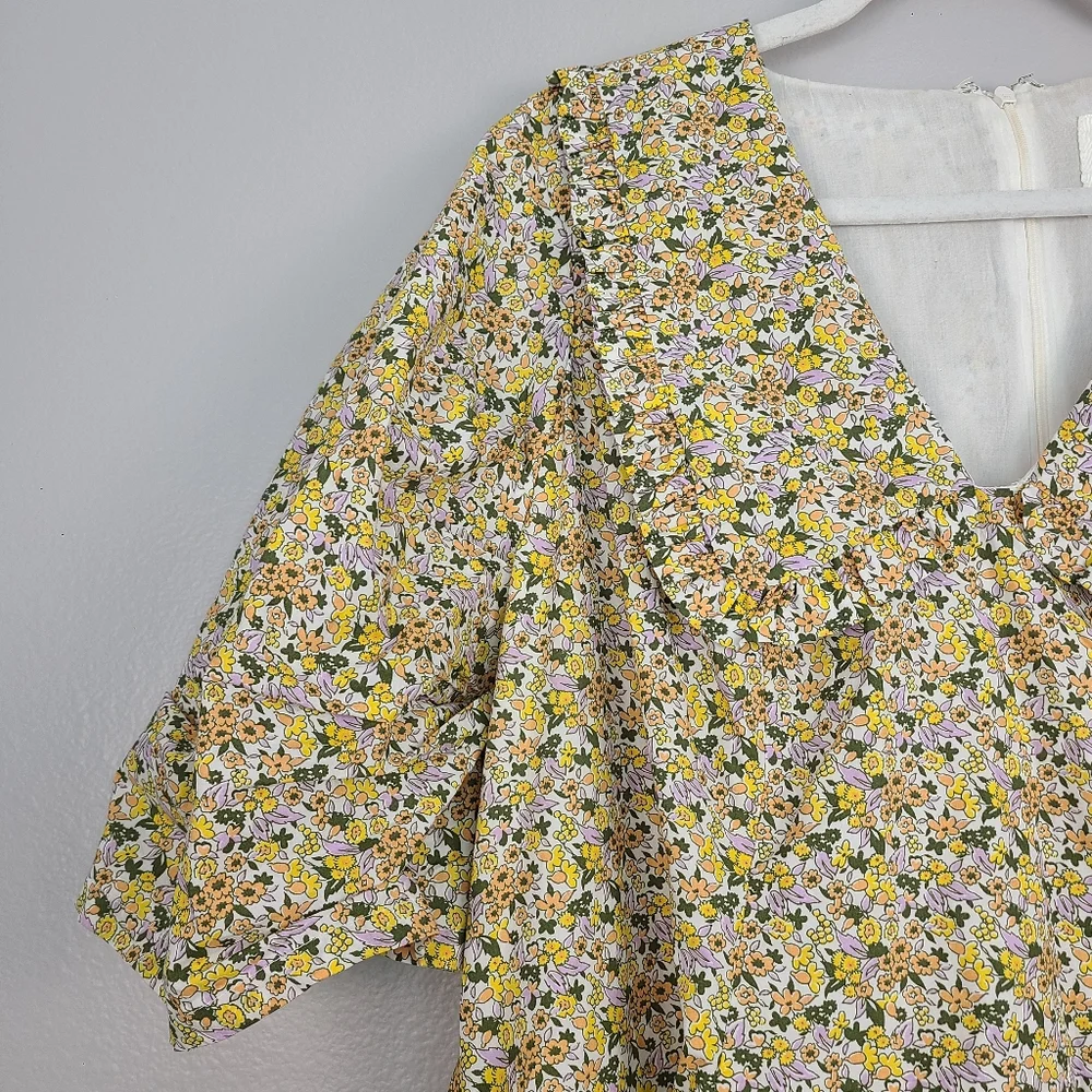 Anthropologie Yellow Lightweight Floral Cotton Collared Puff Sleeve Mini Dress - Picture 12 of 16